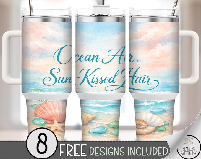 Ocean Air 40 oz Tumbler Wrap, Beach Quote Sublimation Design, Coastal PNG File, B10216