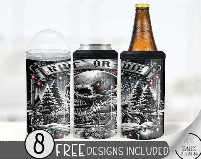 Ride or Die Skull Can Cooler Wrap, Xmas 16 oz 4-in-1 Cooler Sublimation, Biker Christmas Design, Motorcycle Can Cooler PNG Winter Trees Wrap