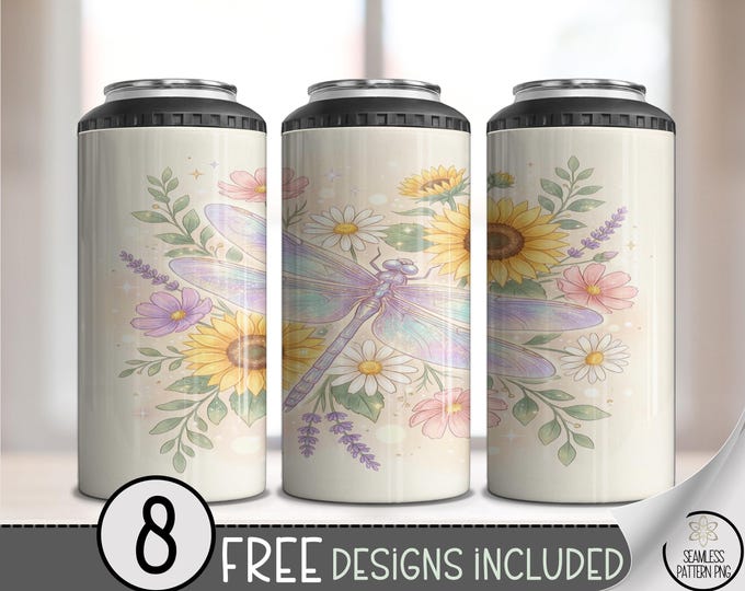 Dragonfly 4in1 Can Cooler Wrap, Iridescent Insect Sublimation Design, Pastel Floral 16 oz 4-in-1 File, Cute Botanical File B10116