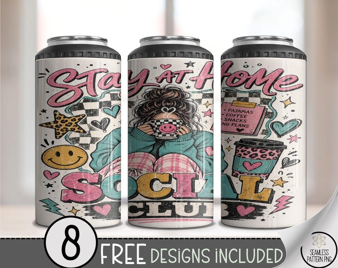 Stay at Home Social Club 4-in-1 Can Cooler Wrap, Coffee Lover Sublimation Design, 1990 Retro Theme 16 oz, Digital Download, B10218