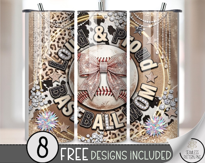 Baseball Coquette Bow 20 oz Tumbler Wrap, Baseball Mom Sublimation Design for Straight Tumblers, Trendy Rhinestone Glittery PNG File, B10133