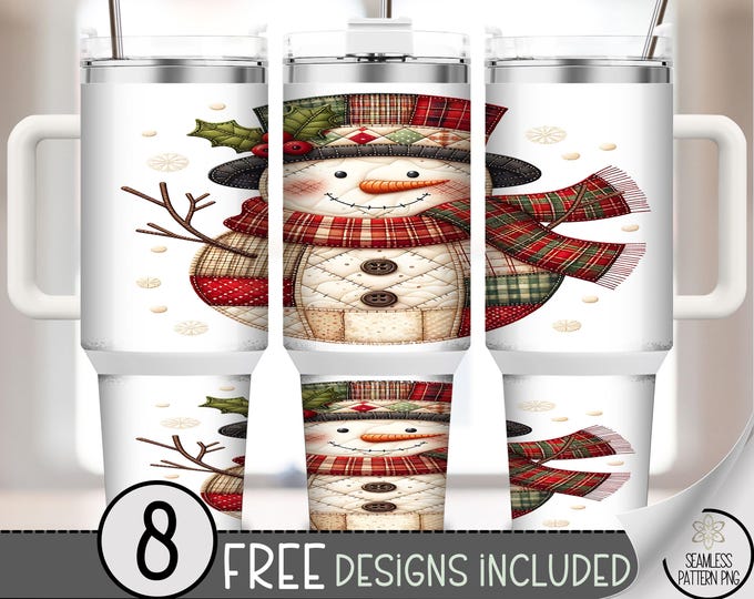 Patchwork Snowman 40 oz tumbler wrap, Folk-Art Sublimation Design, Vintage PNG Files, Festive 40oz Tumbler Design, A713