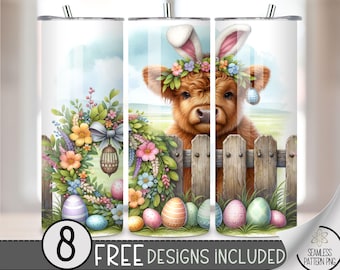 Highland Cow Easter Tumbler Wrap, Bunny Floral 20oz Skinny Tumbler Sublimation Design, Egg Easter Tumbler Wrap File PNG,Seamless Floral, A13