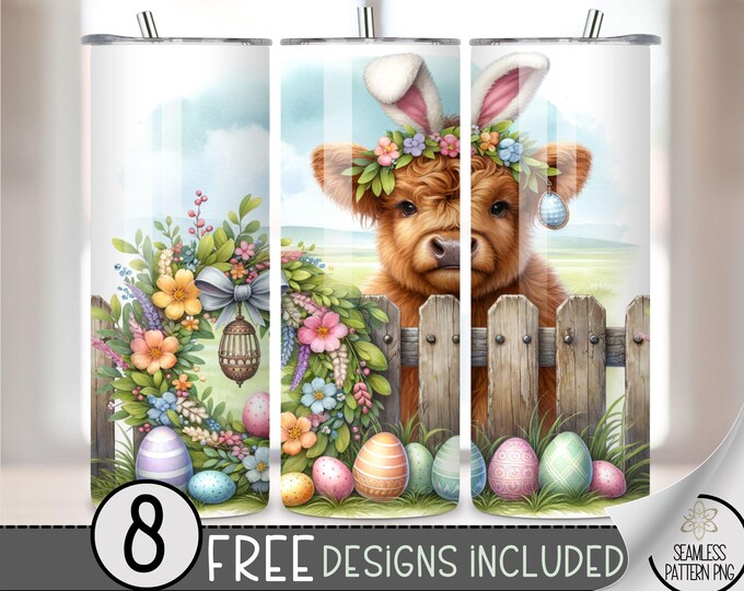 Highland Cow Easter Tumbler Wrap, Bunny Floral 20oz Skinny Tumbler Sublimation Design, Egg Easter Tumbler Wrap File PNG,Seamless Floral, A13