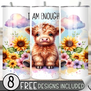Highland Cow Tumbler Wrap, 20 Oz Inspirational Sublimations Design, Positive Affirmations Sublimation  Tumbler Wrap For Her, Sunflower PNG