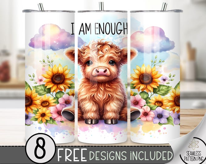 Highland Cow Tumbler Wrap, 20 Oz Inspirational Sublimations Design, Positive Affirmations Sublimation  Tumbler Wrap For Her, Sunflower PNG