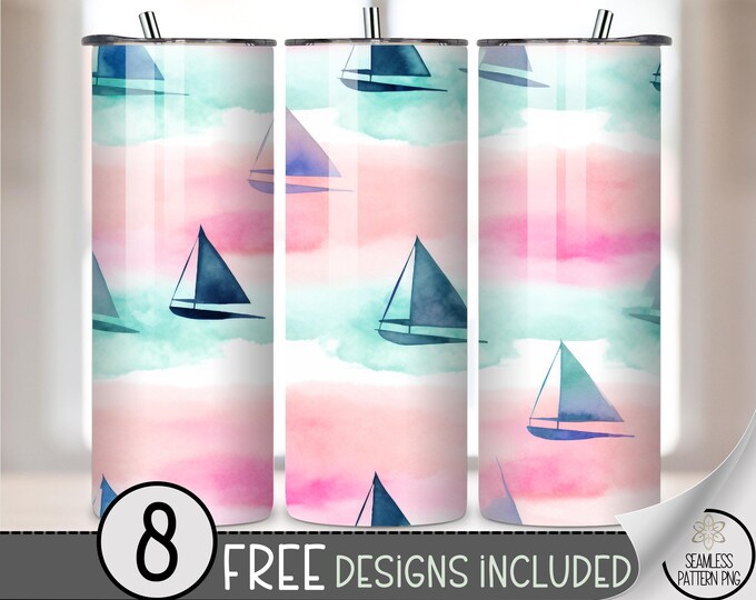 Watercolor Sailboat Tumbler Wrap PNG, 20oz Skinny Nautical Beach Sublimation Design, Coastal Pastel Summer Tumbler Wrap File, A315