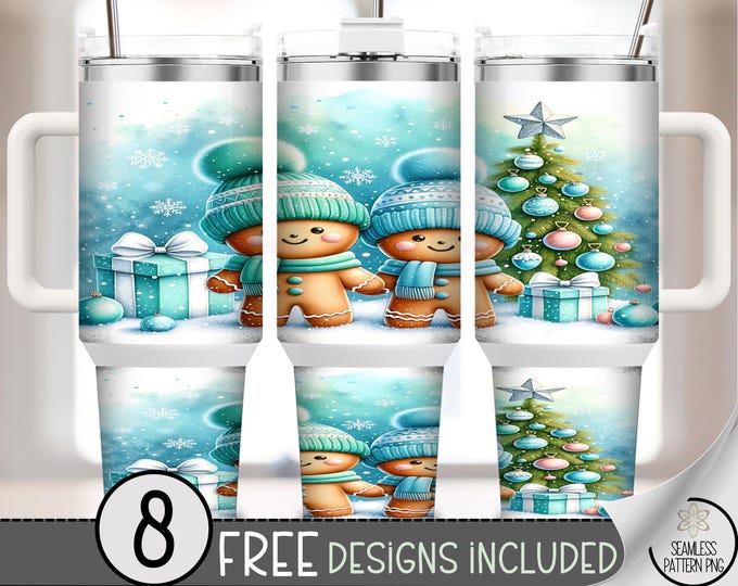 Blue Xmas 40 oz tumbler wrap: Gingerbread People with Christmas Tree Sublimation Design, Cute Digital PNG Files A595
