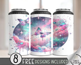 Butterfly Galaxy 4 in 1 Can Cooler Wrap, Celestial Butterflies 4in1 Tumbler PNG, Cute Rainbow 16 Oz Can Cooler Sublimation Design A26