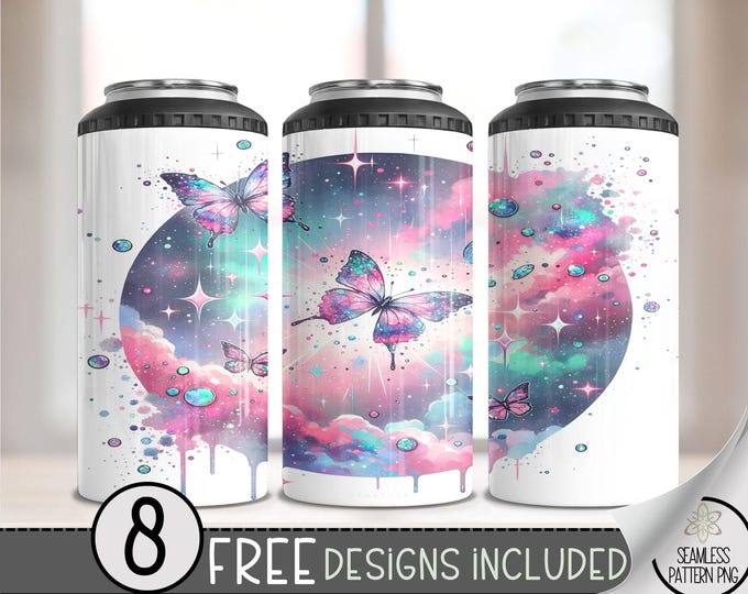 Butterfly Galaxy 4 in 1 Can Cooler Wrap, Celestial Butterflies 4in1 Tumbler PNG, Cute Rainbow 16 Oz Can Cooler Sublimation Design A26