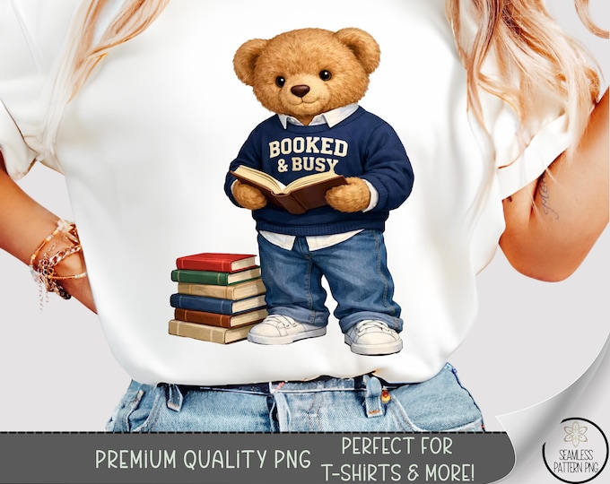 Watercolor Bear Png, Booked And Busy PNG, Bookish T-Shirt Graphic, Bear Sublimation Design, Digital Download, B998