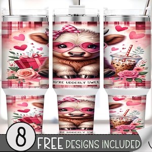 Könnte beinhalten: Ein Set aus acht weißen Bechern mit Valentinsthema. Jeder Becher zeigt ein Design einer niedlichen Kuh mit herzförmiger Brille und Schleife, umgeben von Herzen, Rosen und einer Geschenkbox. Der Text "YOU'RE UDDERLY SWEET" ist ebenfalls sichtbar.