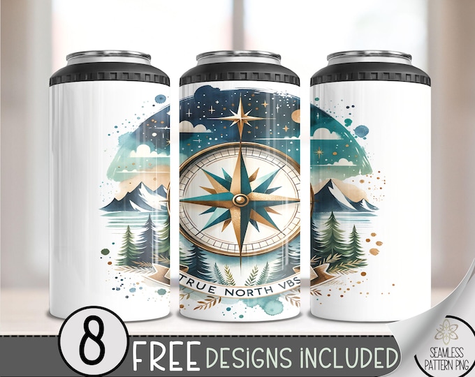 True North Vibes Compass 4-in-1 Can Cooler Wrap PNG, Mountain Forest Sublimation,Adventure Travel Outdoors Nature Skinny Cooler Design, A307