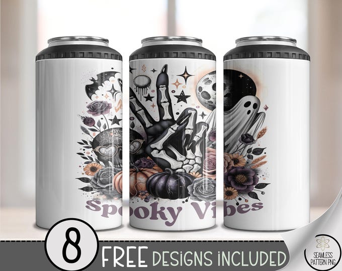 Spooky Vibes 4-in-1 Can Cooler Wrap PNG, Skeleton Peace Sign & Ghost Halloween Sublimation Design, Gothic Floral Skull Tumbler Wrap, A374