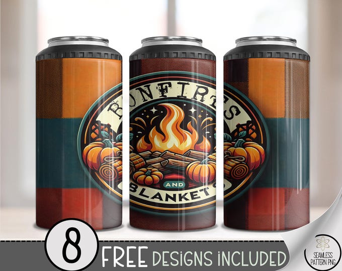Camping 4in1 Can Cooler Wrap, Campfire Sublimation Design, Bonfires and Blanket PNG File A634