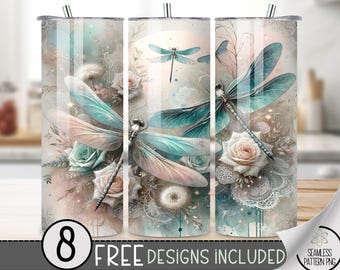 Dragonfly Tumbler Wrap PNG, Ethereal 20 Oz Skinny Tumbler Wrap, Dragonflies Sublimation Seamless Design,Floral Dragonflies Tumbler Wrap 20Oz