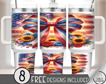40 oz USA Bow Tumbler Wrap PNG, American Flag Glitter Fireworks and Flowers Wrap for July 4th Sublimation, Patriotic Coquette Bow A280