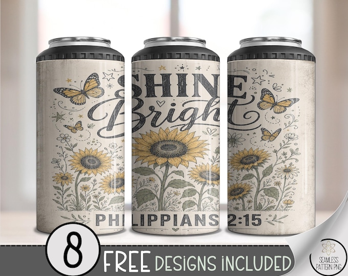 Sunflower 4-in-1 Can Cooler Wrap, Butterfly Sublimation Design, Shine Bright 16oz, Digital Download, B10338