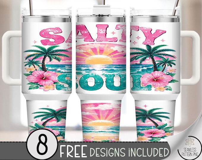 Salty Soul 40 oz Tumbler Wrap, Beach Sunset Sublimation Design, Digital Download, B10398