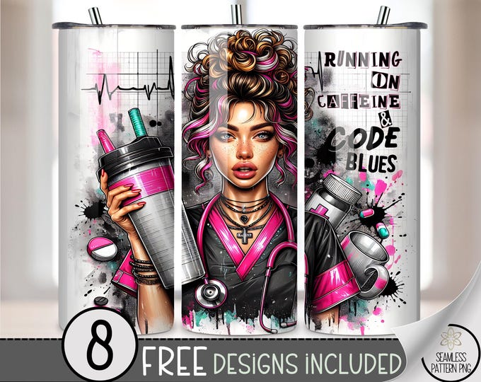 Running On Caffeine Nurse 20 oz Tumbler Wrap, Edgy Sublimation Design For Medical Professionals, B943