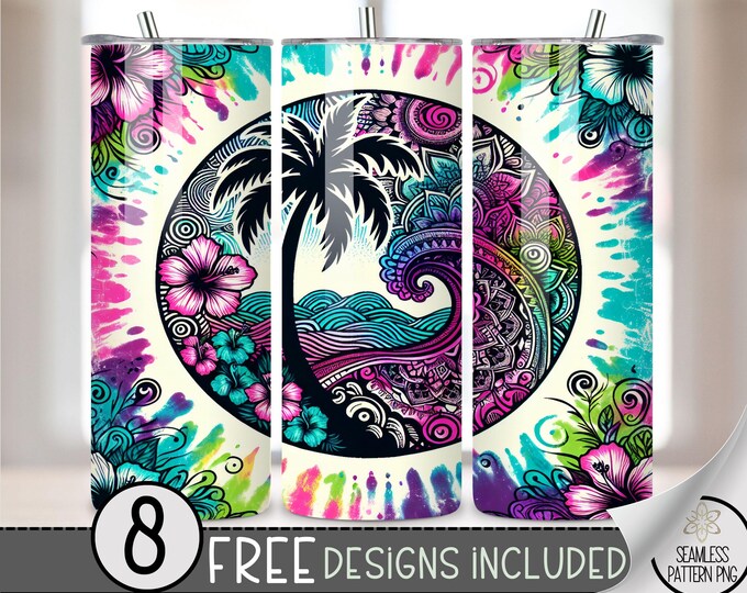 Palm Tree Tumbler Wrap, Tropical Sublimation Design, Hibiscus Mandala Tumbler Wrap, Tie Dye Wrap, 20oz Straight Tumbler, A123