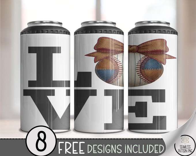 Baseball 4in1 Can Cooler Wrap, Coquette Bow Sublimation Design, Baseballer 16 oz 4-in-1 File, Love PNG, B10185