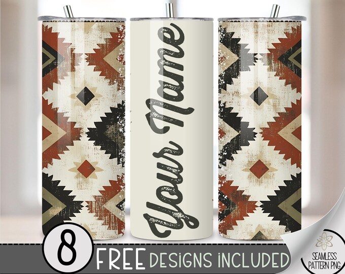 Add Your Text Tumbler Wrap, Customize Name 20oz Skinny Tumbler Sublimation Design, Aztec Tumbler Wrap File PNG, Faded Western Seamless File