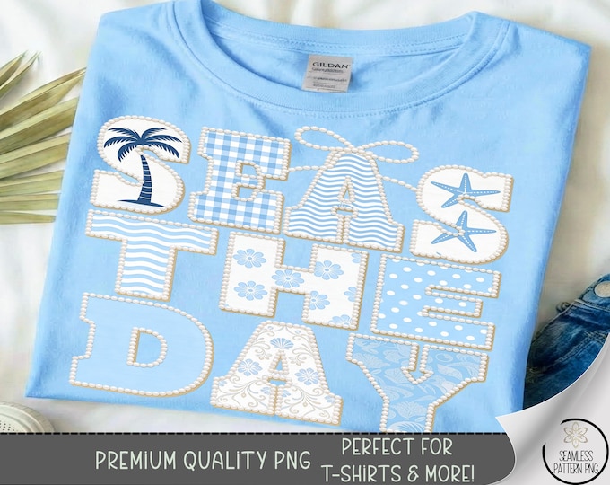 Coquette Beach Vacation Png, Coastal Floral Pearl Shirt Design, Blue Sea Shell Patchwork Png, Beach Life Png, Trendy Ocean File, B10169