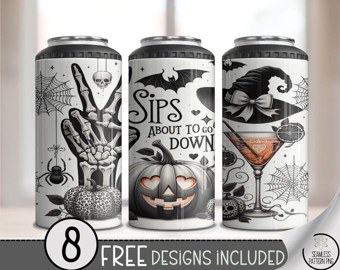 Spooky Halloween Can Cooler Wraps, Witchy Gothic Designs, Black and White PNG, Sips About to Go Down Party Decor, 4in1 Set Printable, A429
