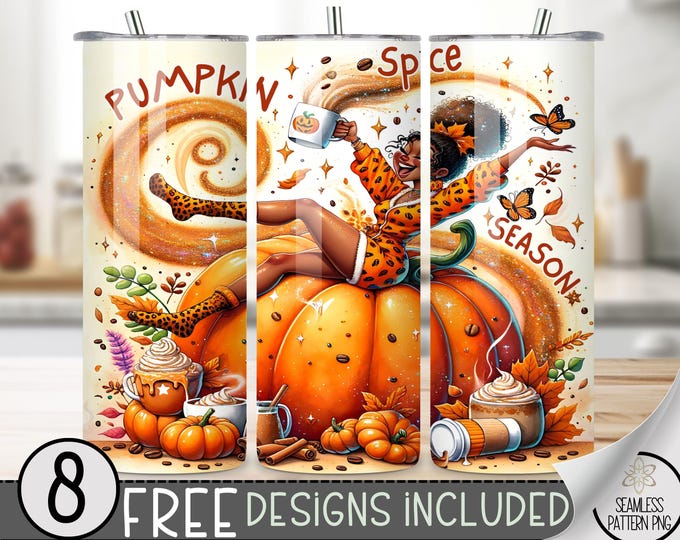 Pumpkin Spice Tumbler Wrap Design, Fall Coffee 20 oz Sublimation PNG, Autumn Pumpkin Spice Latte, Cinnamon & Coffee Beans Design, Funny PNG