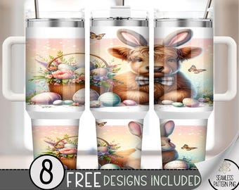 Highland Cow Easter 40oz Tumbler Wrap, Bunny Floral Tumbler Sublimation Design, Egg Easter 40oz Quencher Tumbler Wrap PNG,Floral Easter, A79