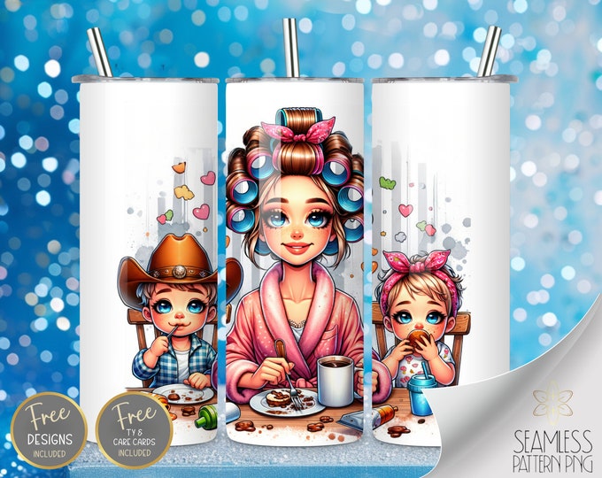 Little Cowboy PNG Tumbler Wrap, Mom Morning Seamless Design, Instant Download, 20 Oz Skinny Sublimation Tumbler Design, Funny Hair Rollers