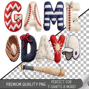 May include: A baseball-themed graphic with the words "GAME DAY" spelled out in various designs. The letters are decorated with baseballs, a glove, a bat, and a baseball cap. The image also includes the text "PREMIUM QUALITY PNG" and "PERFECT FOR T-SHIRTS & MORE!"
