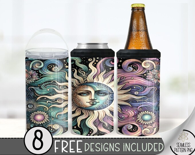 Sun And Moon Can Cooler Wrap, Sun And Moon Boho 16 oz 4-in-1 Cooler Sublimation,Celestial 16Oz Tumbler File,Pastel Sky Can Cooler Design PNG