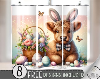 Highland Cow Easter Tumbler Wrap, Bunny Floral 20oz Skinny Tumbler Sublimation Design, Egg Easter Tumbler Wrap File PNG,Seamless Floral, A79