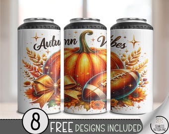 Autumn Vibes Can Cooler Wraps, Fall Pumpkin Football Themed 4 in 1 Wrap, Rustic Thanksgiving 16oz Wrap, Cozy 4in1 Designs A428