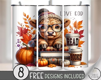 Love God Read Books 20 oz tumbler wrap: Autumn Highland Cow Sublimation Design for Skinny Tumblers, Festive Fall PNG Files A574