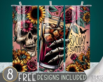Spooky Summer 20 oz Straight Tumbler Wrap Sublimation, Gothic Summer Bat Design File, Sunflower Doodles, Trendy Black Goth Cocktail PNG