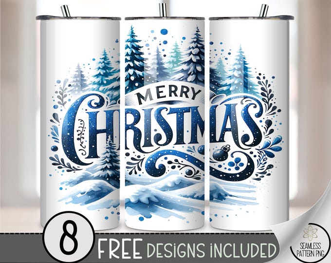Xmas 20 oz Tumbler Wrap: Merry Christmas Digital Download Sublimation Design for Skinny Tumblers, Stylish PNG Files with Snowflakes A537