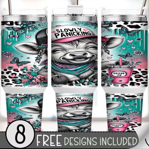 May include: Three white stainless steel tumblers with handles, each with a cow design. The cow wears a hat that says "SLOWLY PANICKING" and a turquoise bandana. The tumblers have a turquoise, pink, and black leopard print background with butterflies and flowers.