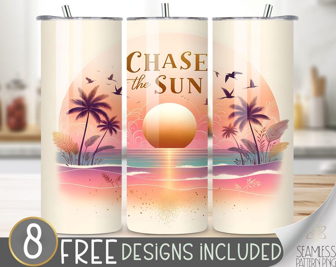 Chase The Sun Sublimation Tumbler Wrap, Gold Pink 20oz Skinny Tumbler Design, Boho Sunset Tumbler Wrap, Summer Tumbler Wrap,Vacation Tumbler