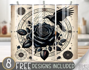 Gothic Library Raven Tumbler Wrap, The Herbologist Green Witch Design, Vintage Victorian Ephemera 20oz Sublimation PNG, Stained Retro Design