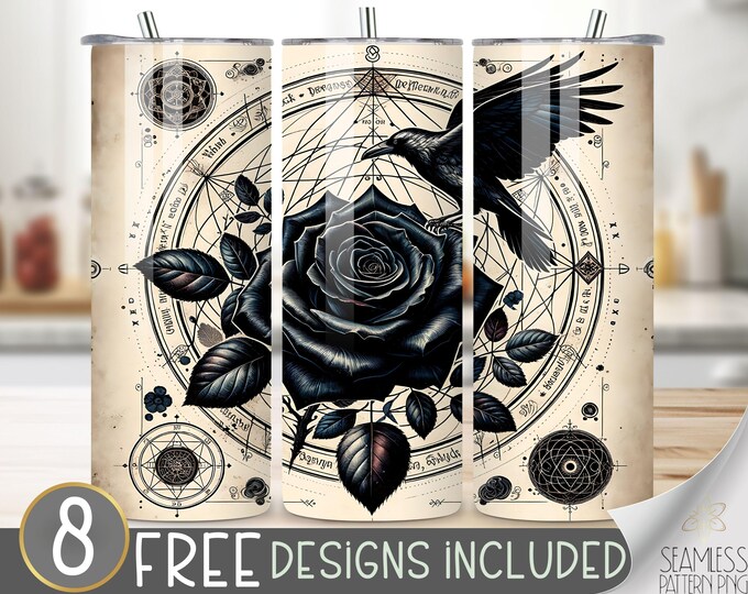 Gothic Library Raven Tumbler Wrap, The Herbologist Green Witch Design, Vintage Victorian Ephemera 20oz Sublimation PNG, Stained Retro Design