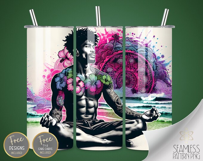Black Man Tumbler, Black Guy Sublimation Files, Hibiscus Mandala Tumbler, Meditation Wrap, 20oz Straight Tumbler Wrap, Instant Download