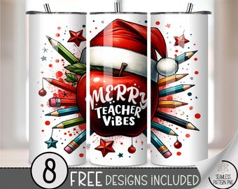 Festive Teacher 20oz Tumbler Wrap, Merry Teacher Vibes 20 oz Tumbler Wrap Teacher Appreciation Christmas Sublimation Design, A453