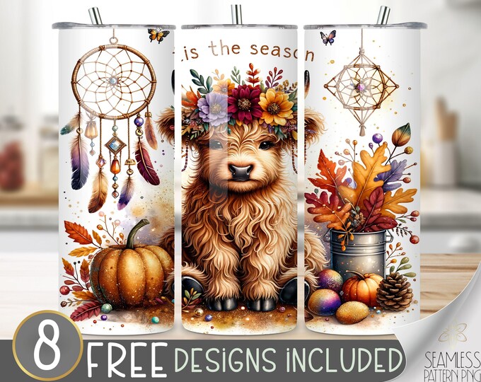 Tis The Season Tumbler Wrap, Autumn Tumbler Png Wrap, Fall Sublimation Design,  Highland Cow 20Oz Tumbler File,Boho Sublimation,Dreamcatcher