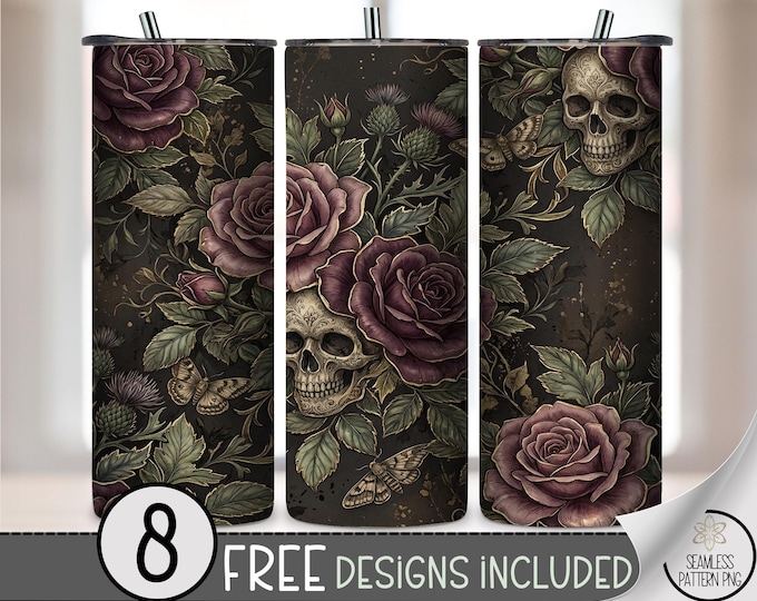 Gothic Skull Roses 20oz Tumbler Wrap, Dark Moody Sublimation Design, Vintage Botanical PNG, Digital Download, B10491
