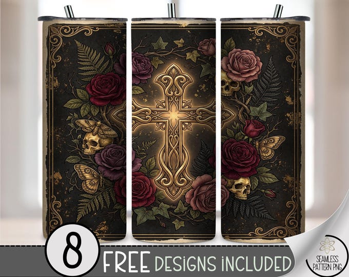 Gothic Cross Skull Print, Dark Red Rose Floral Sublimation Design, 20 oz Skinny Tumbler Wrap, Digital Download, B10474