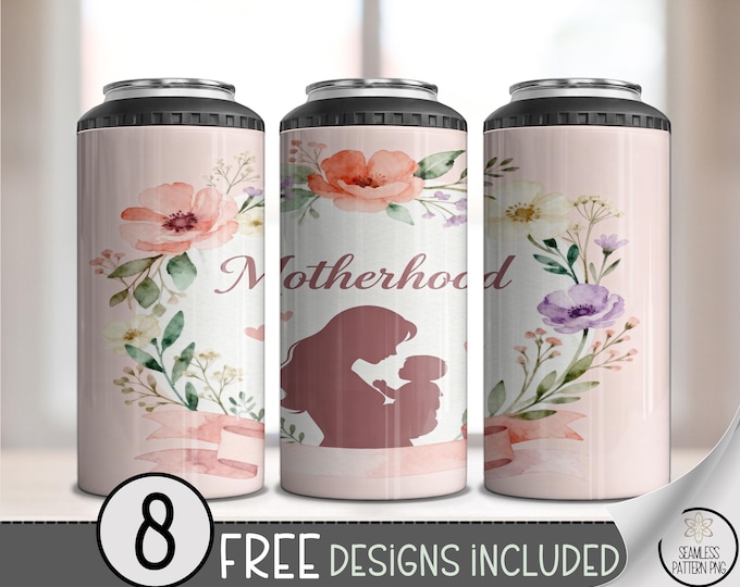 Motherhood PNG: Vintage Floral 4-in-1 Can Cooler Wrap Design, Mother's Day Sublimation Design, Digital Download, B10085