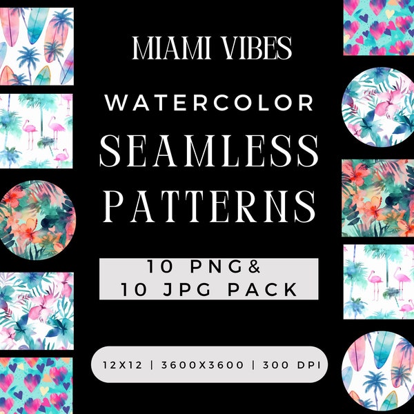 Digital Watercolor Miami Vibes Seamless Pattern PNG Bundle, Summer Surfboard Flamingo Craft Sublimation JPG File, Repeating Pack Commercial